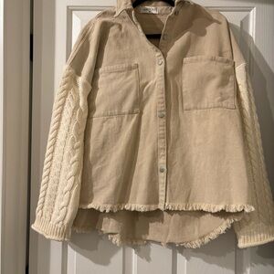 Tan and Cream Jacket with Cable Knit Sleeves
